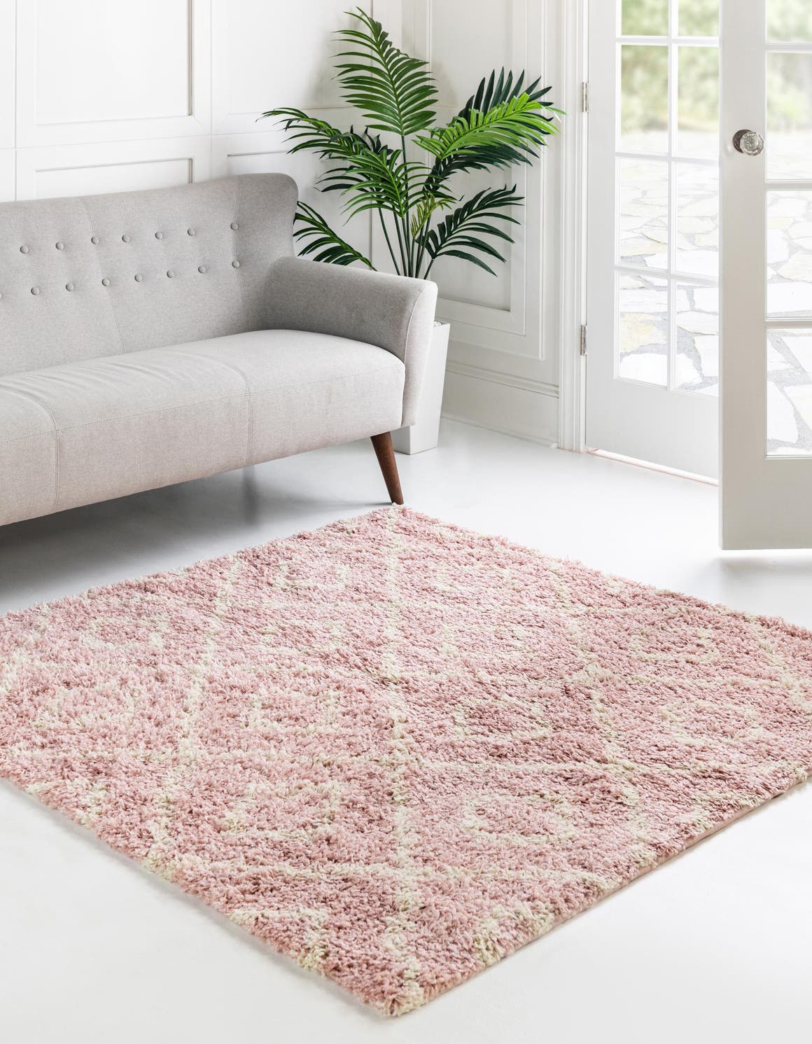 Quadratisch Hochflorteppich Trellis Shag in Hellrosa von Hadorn™ - Lifestyle Image